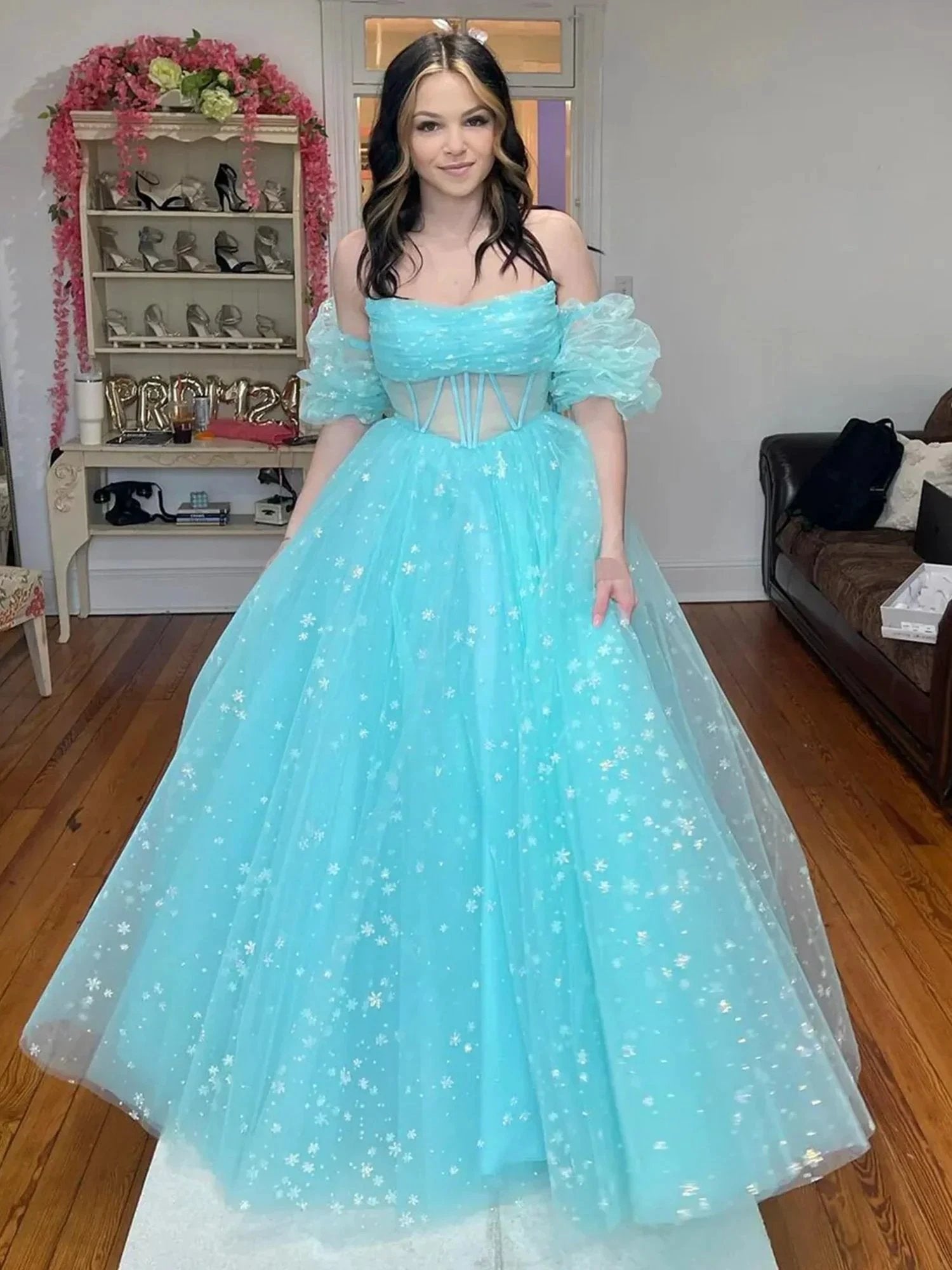 Francis | Aqua Blue Strapless A Line Tulle Starry Long Prom Dress by KissProm