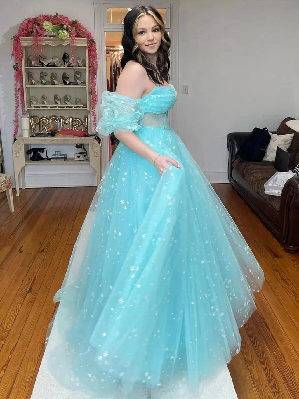 Francis | Aqua Blue Strapless A Line Tulle Starry Long Prom Dress by KissProm