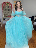 Francis | Aqua Blue Strapless A Line Tulle Starry Long Prom Dress by KissProm