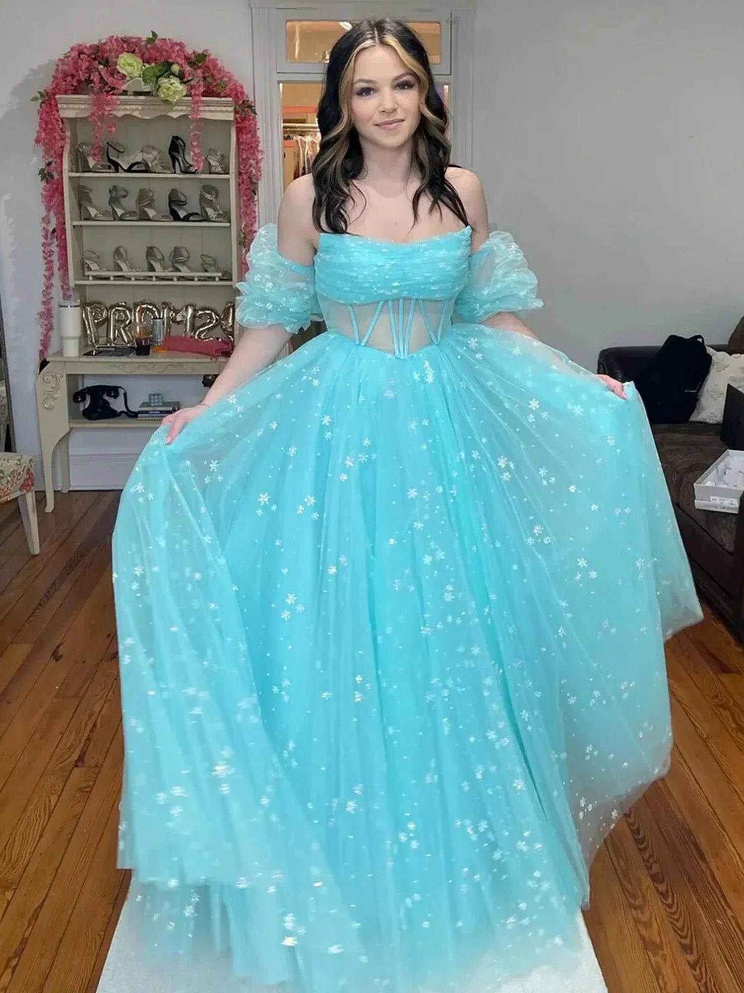 Francis | Aqua Blue Strapless A Line Tulle Starry Long Prom Dress by KissProm