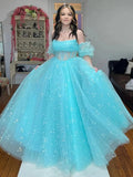 Francis | Aqua Blue Strapless A Line Tulle Starry Long Prom Dress by KissProm