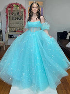 Francis | Aqua Blue Strapless A Line Tulle Starry Long Prom Dress by KissProm