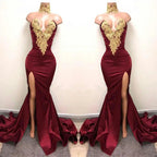 Front-Split High Neck Mermaid Burgundy Lace Appliques Prom Dresses by misshow.com