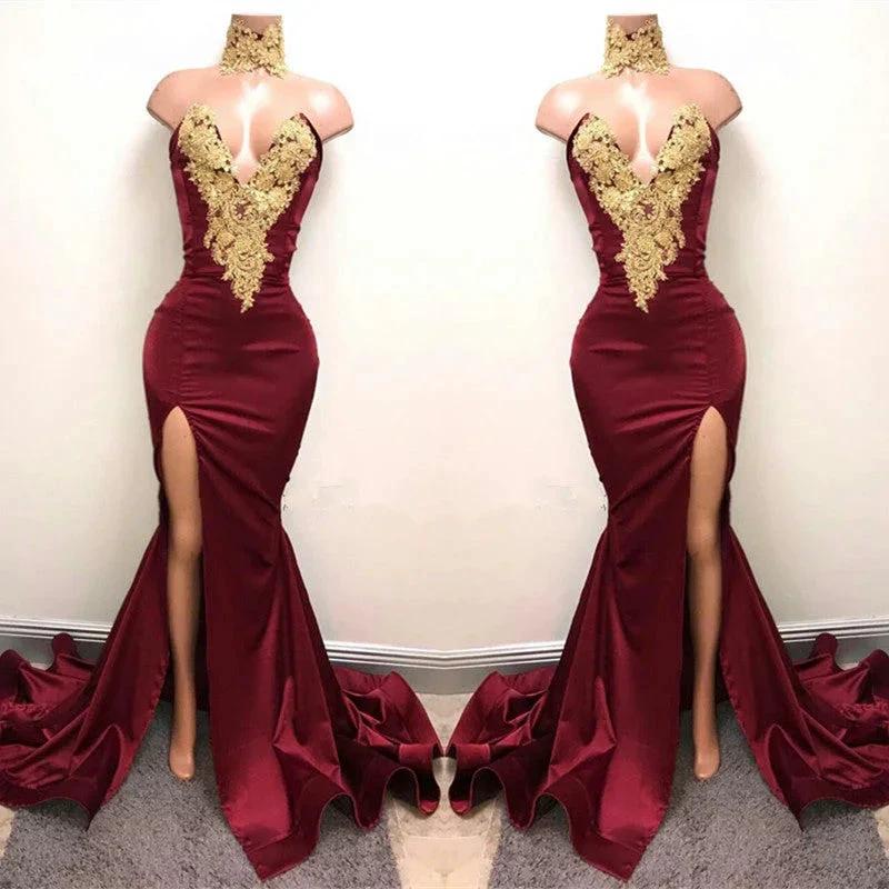 Front-Split High Neck Mermaid Burgundy Lace Appliques Prom Dresses by misshow.com