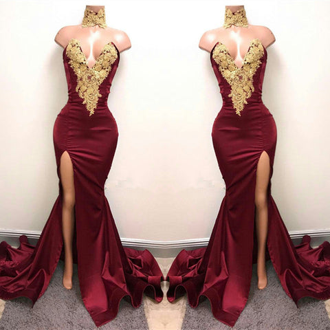 Front-Split High Neck Mermaid Burgundy Lace Appliques Prom Dresses