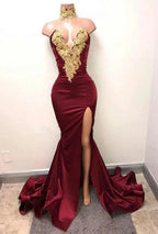 Front-Split High Neck Mermaid Burgundy Lace Appliques Prom Dresses by misshow.com