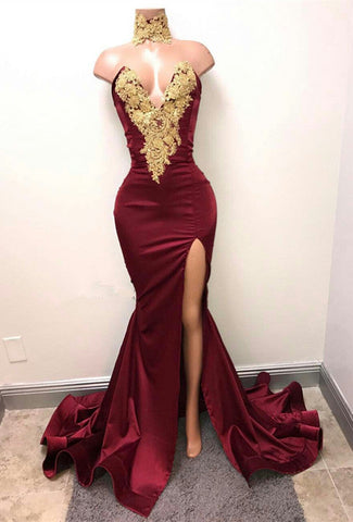 Front-Split High Neck Mermaid Burgundy Lace Appliques Prom Dresses