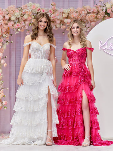 Vestido de fiesta fucsia de corte princesa, corte A, hombros descubiertos, corsé con volantes de encaje