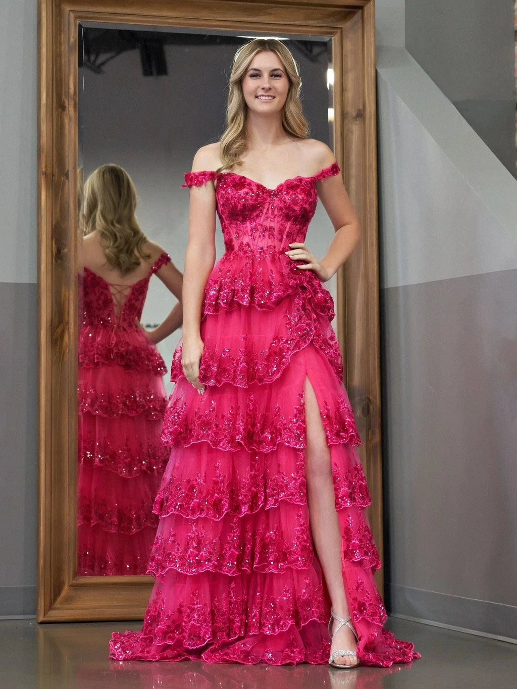 Fuchsia Princess A Line Off the Shoulder Corset Prom Dress with Lace Ruffles by KissProm