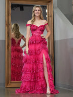 Fuchsia Princess A Line Off the Shoulder Corset Prom Dress with Lace Ruffles by KissProm