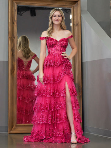 Vestido de fiesta fucsia de corte princesa, corte A, hombros descubiertos, corsé con volantes de encaje