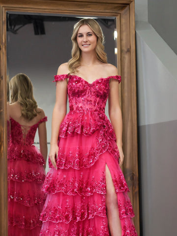 Vestido de fiesta fucsia de corte princesa, corte A, hombros descubiertos, corsé con volantes de encaje