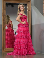 Fuchsia Princess A Line Off the Shoulder Corset Prom Dress with Lace Ruffles by KissProm