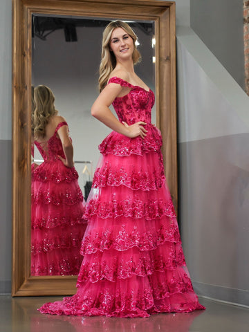 Vestido de fiesta fucsia de corte princesa, corte A, hombros descubiertos, corsé con volantes de encaje