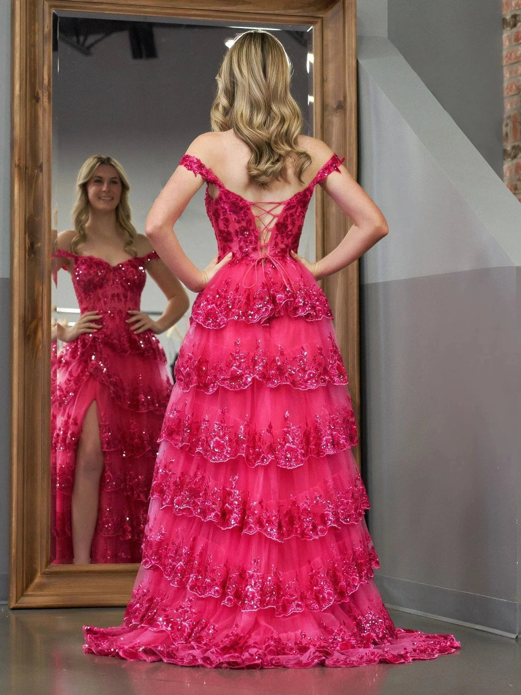 Fuchsia Princess A Line Off the Shoulder Corset Prom Dress with Lace Ruffles by KissProm