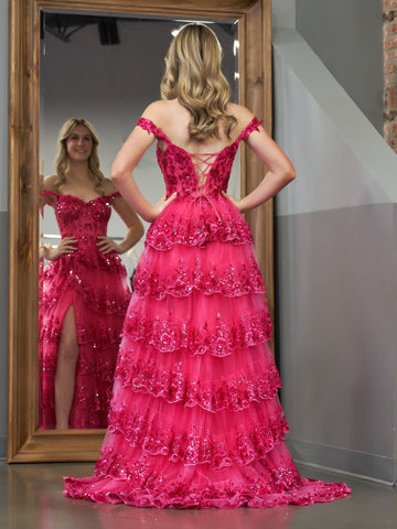 Vestido de fiesta fucsia de corte princesa, corte A, hombros descubiertos, corsé con volantes de encaje