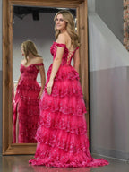 Fuchsia Princess A Line Off the Shoulder Corset Prom Dress with Lace Ruffles by KissProm