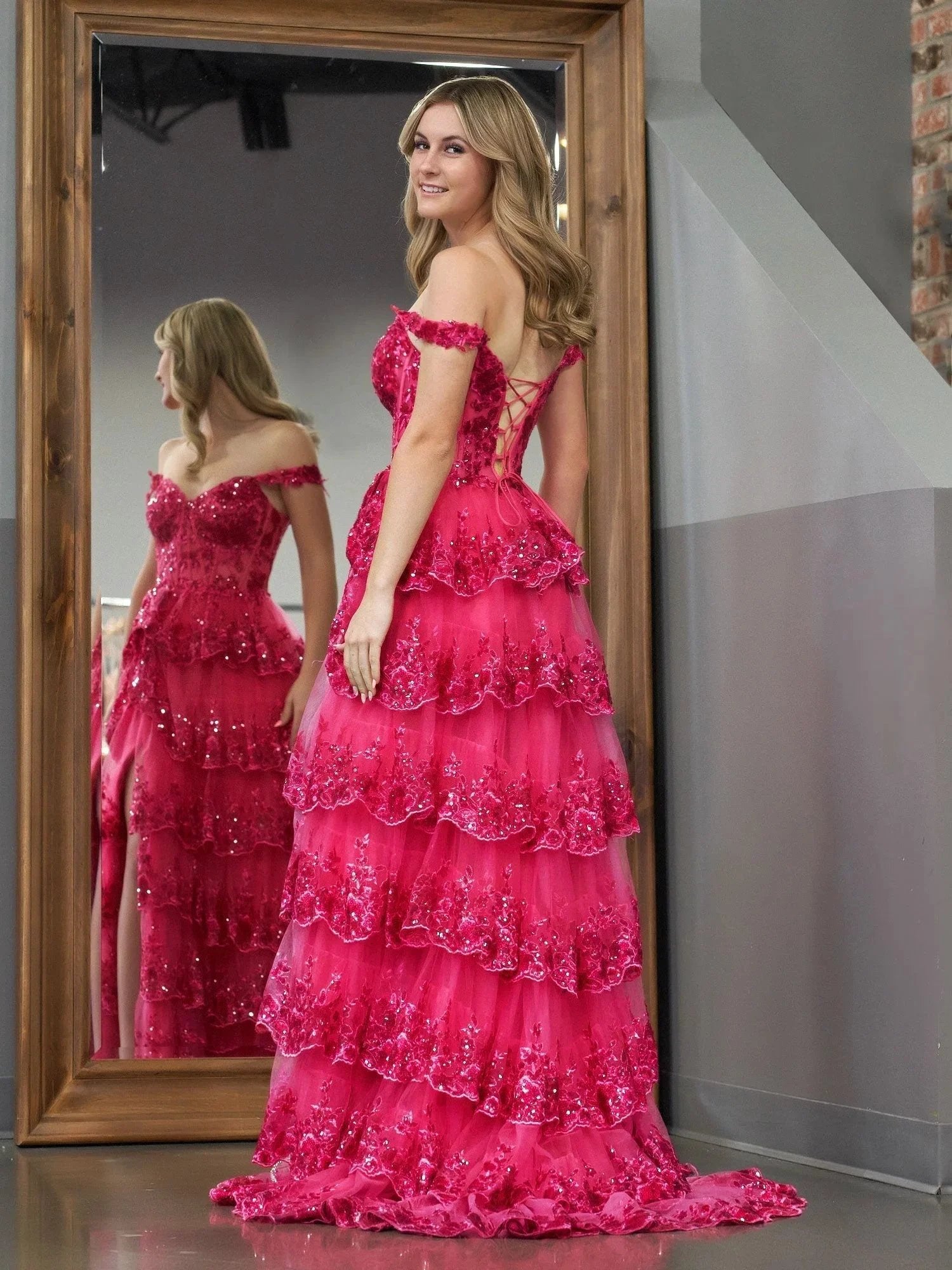 Fuchsia Princess A Line Off the Shoulder Corset Prom Dress with Lace Ruffles by KissProm