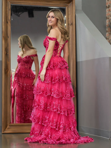 Vestido de fiesta fucsia de corte princesa, corte A, hombros descubiertos, corsé con volantes de encaje