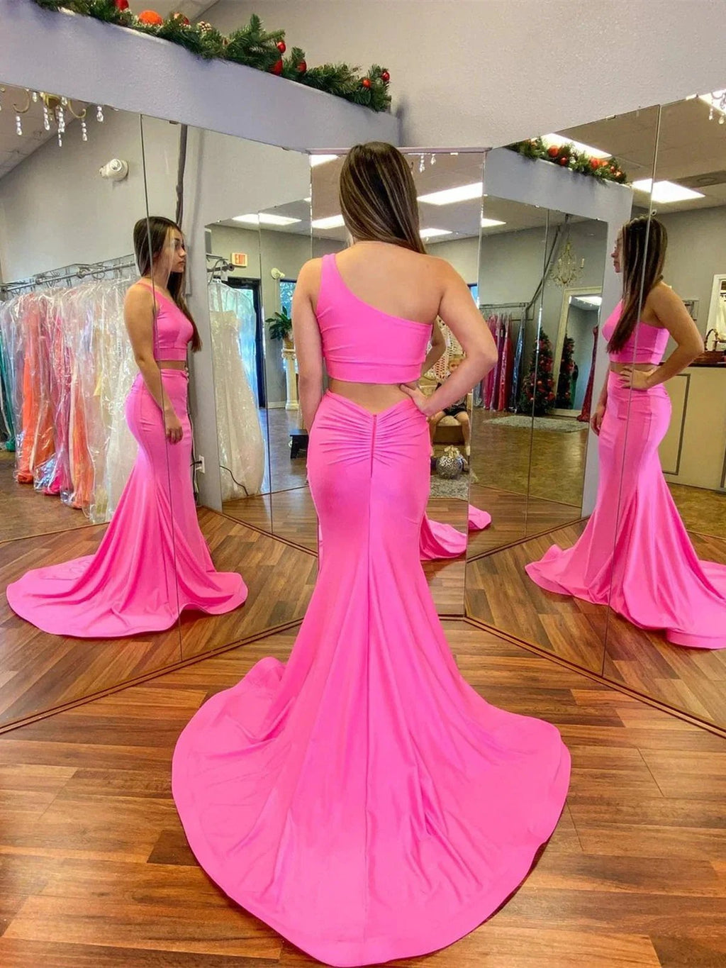 Fuchsia Two Pieces Mermaid One Shoulder Prom Dress Long Formal Graduation Evening Dresses by BIZTUNNEL