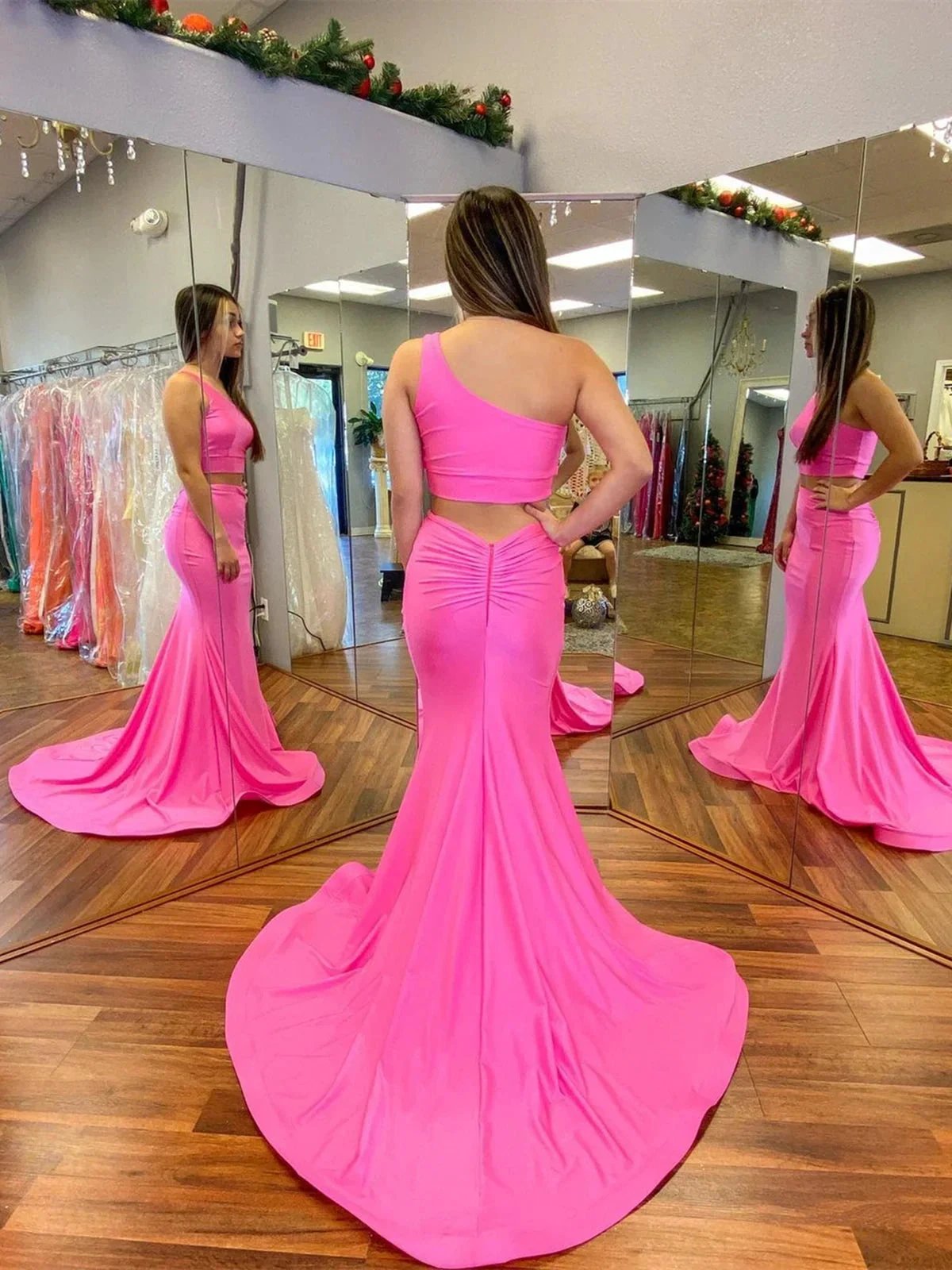 Fuchsia Two Pieces Mermaid One Shoulder Prom Dress Long Formal Graduation Evening Dresses by BIZTUNNEL