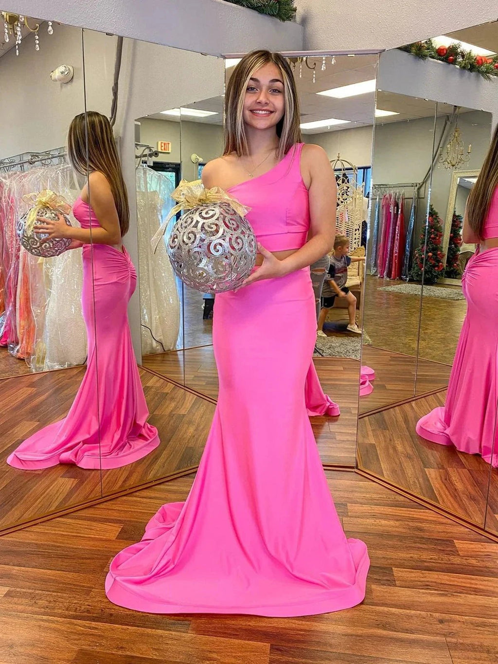 Fuchsia Two Pieces Mermaid One Shoulder Prom Dress Long Formal Graduation Evening Dresses by BIZTUNNEL