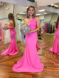 Fuchsia Two Pieces Mermaid One Shoulder Prom Dress Long Formal Graduation Evening Dresses by BIZTUNNEL