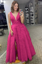 Yellow Plunge V Ruffle Tiered Long Prom Dress with Slit by KissProm