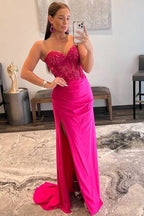 Ember | Sweetheart Corset Lace Hot Pink Long Prom Dress with Slit by KissProm