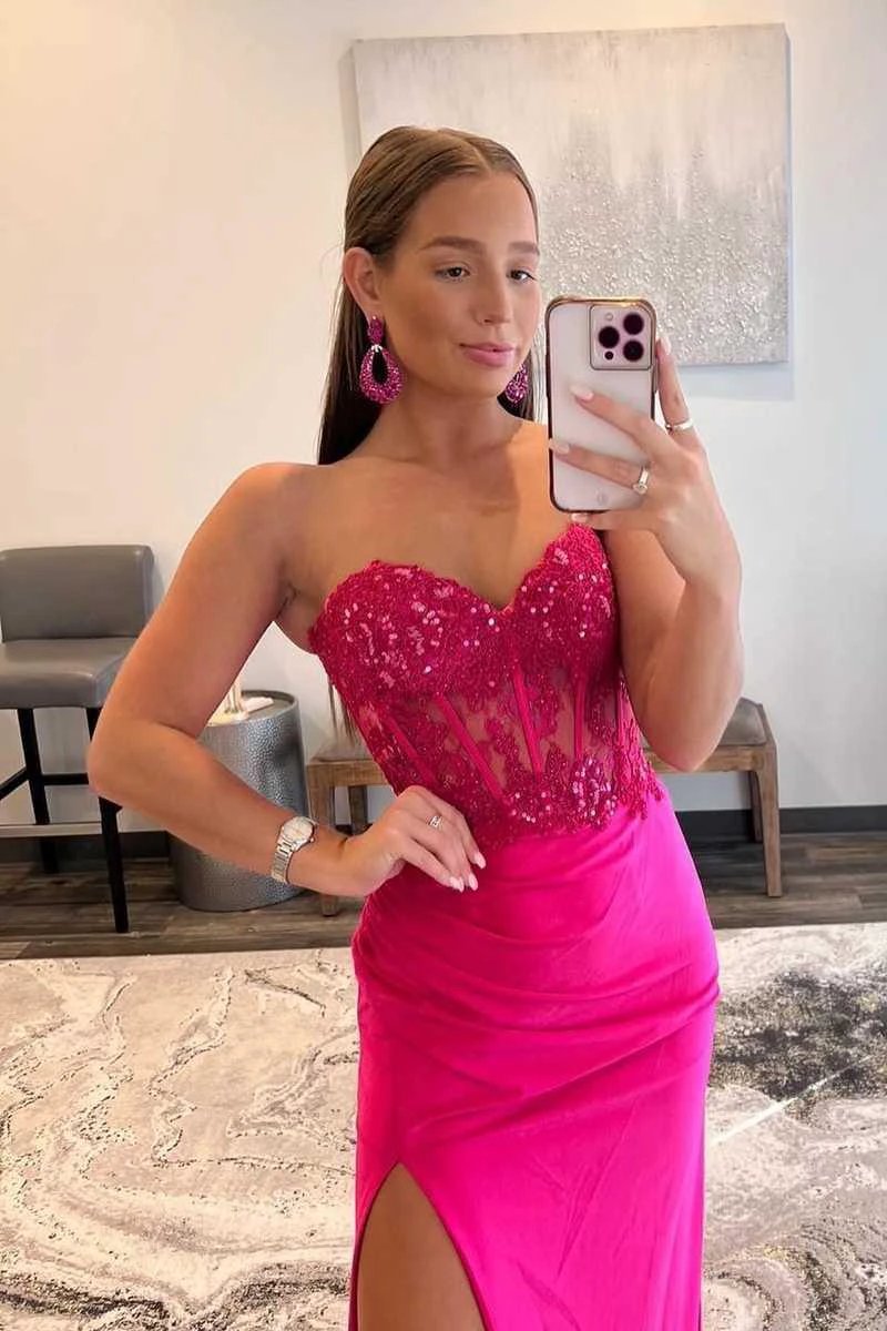 Ember | Sweetheart Corset Lace Hot Pink Long Prom Dress with Slit by KissProm