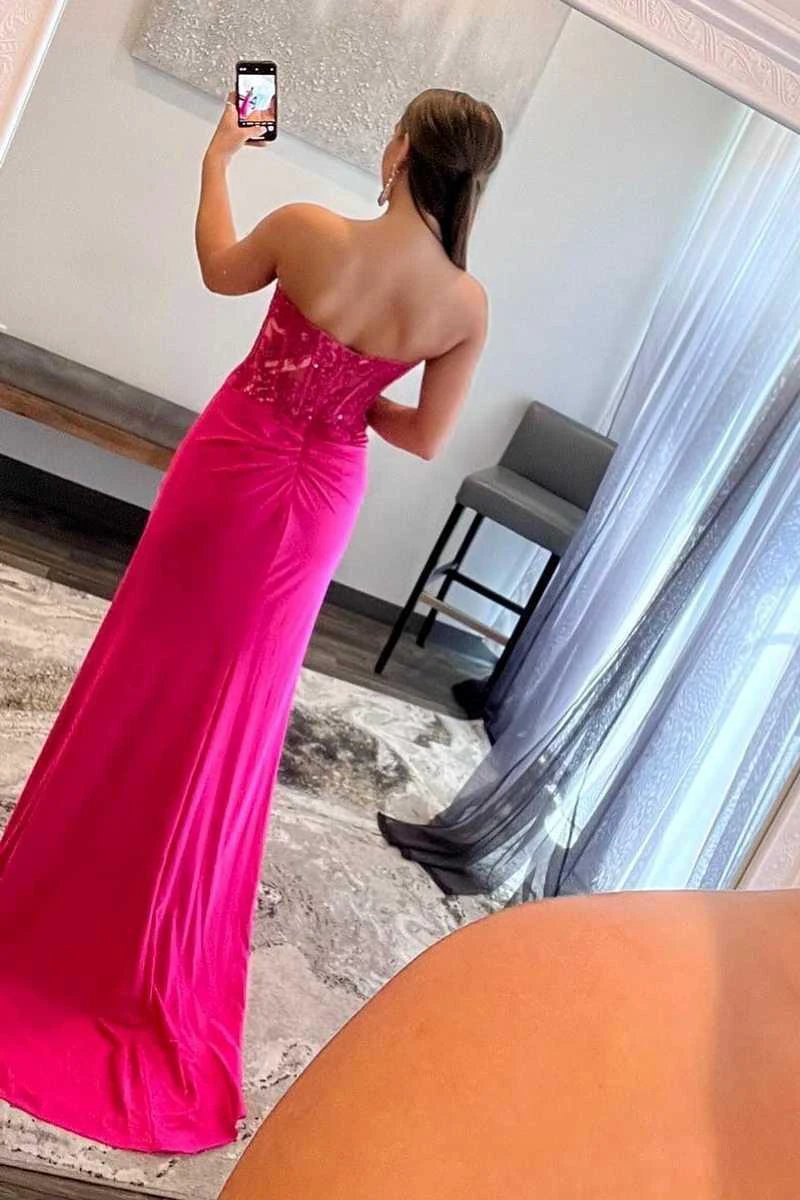 Ember | Sweetheart Corset Lace Hot Pink Long Prom Dress with Slit by KissProm