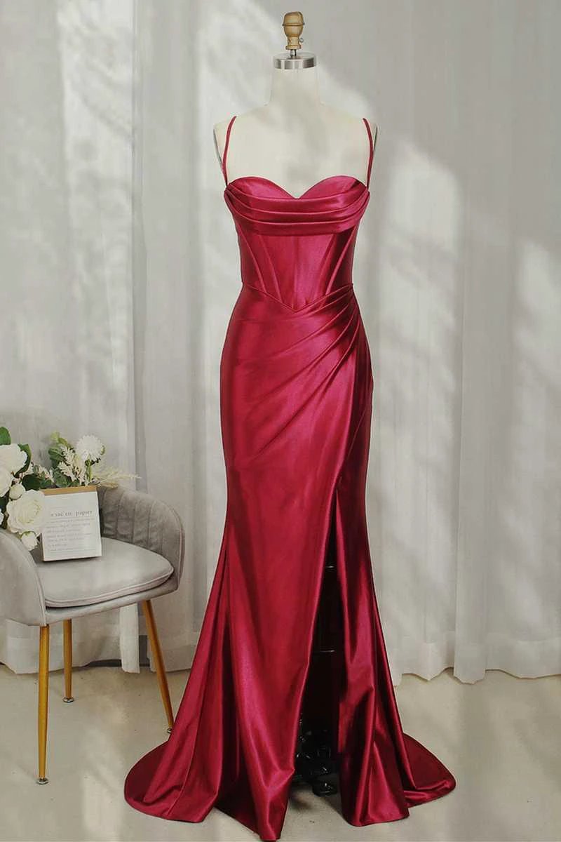 Mermaid Spaghetti Straps Satin Evening Dress Burgundy Cowl Neck Ruched Prom Dress Y449 by simplepromdress
