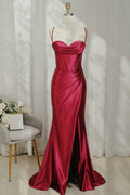 Mermaid Spaghetti Straps Satin Evening Dress Burgundy Cowl Neck Ruched Prom Dress Y449 by simplepromdress