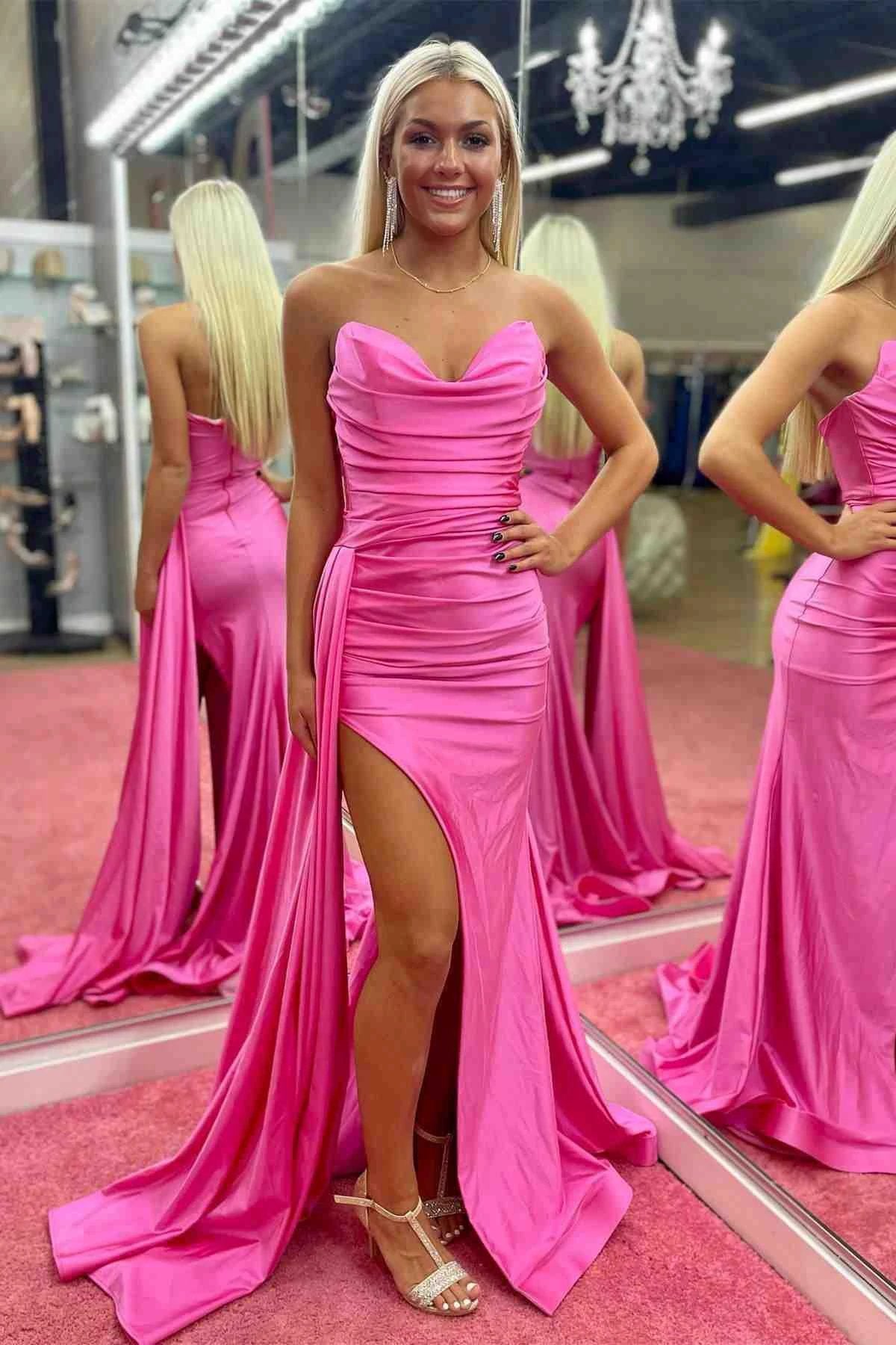 Jovie | Strapless Hot Pink Pleated Long Prom Dress with Slit by KissProm