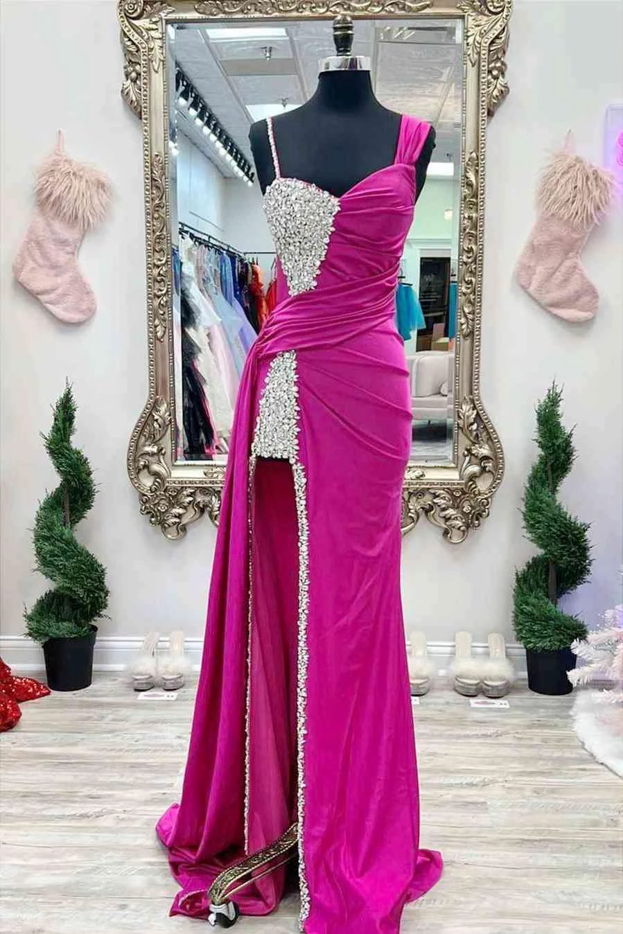 Kaydence | Chic Asymmertrical Fuchsia Beaded Long Porm Dress by KissProm