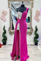 Kaydence | Chic Asymmertrical Fuchsia Beaded Long Porm Dress by KissProm