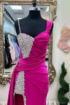 Kaydence | Chic Asymmertrical Fuchsia Beaded Long Porm Dress by KissProm