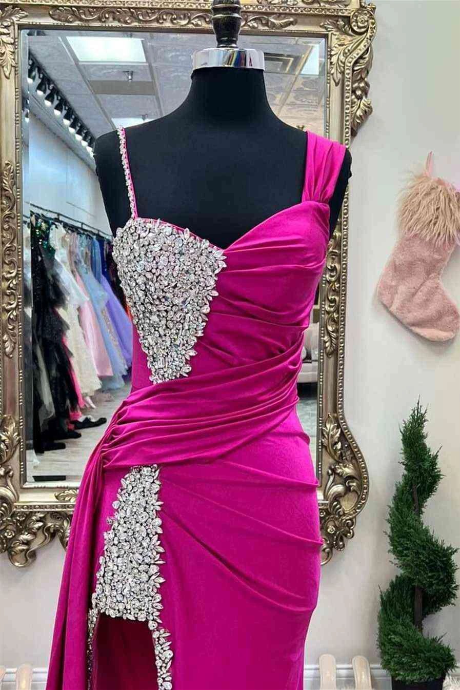Kaydence | Chic Asymmertrical Fuchsia Beaded Long Porm Dress by KissProm