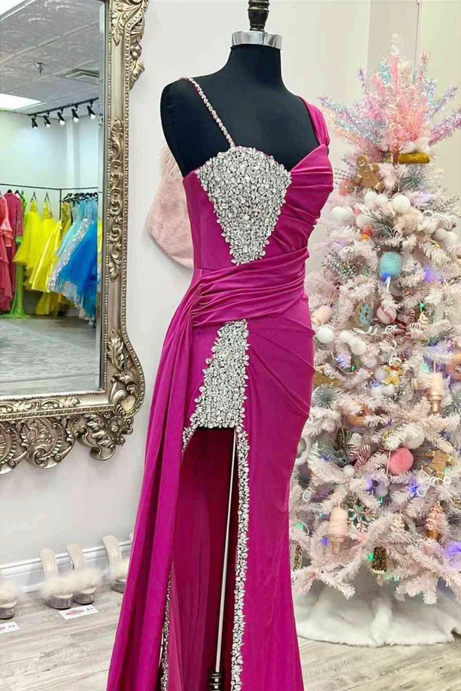 Kaydence | Chic Asymmertrical Fuchsia Beaded Long Porm Dress by KissProm