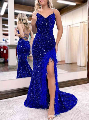 Kadrina | Langes Ballkleid im Meerjungfrauen-Stil mit V-Ausschnitt und Pailletten und Schlitz
