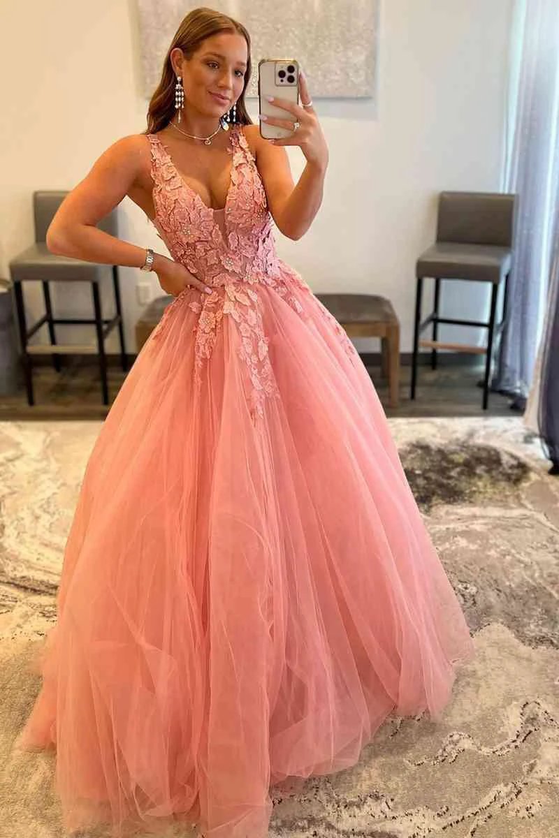 Marigold |A-Line V-Neck Long Tulle Prom Dress with Appliques by KissProm