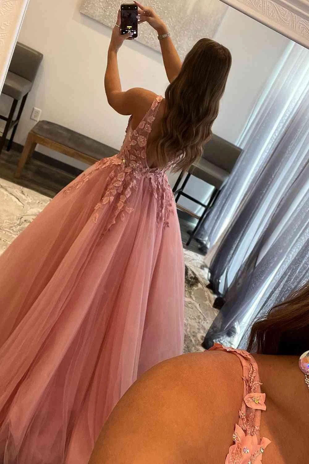 Marigold |A-Line V-Neck Long Tulle Prom Dress with Appliques by KissProm