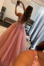 Marigold |A-Line V-Neck Long Tulle Prom Dress with Appliques by KissProm