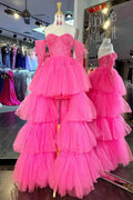 Sue | Hot Pink Off-Shoulder A-line Tulle Layers Applique Hi-Low Prom Dress by KissProm