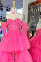 Sue | Hot Pink Off-Shoulder A-line Tulle Layers Applique Hi-Low Prom Dress by KissProm