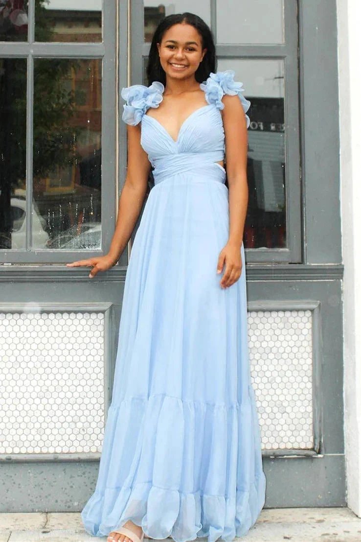 Aadhya | Lace-Up Fuchsia V-Neck Ruffle Pleated Long Prom Dress by KissProm