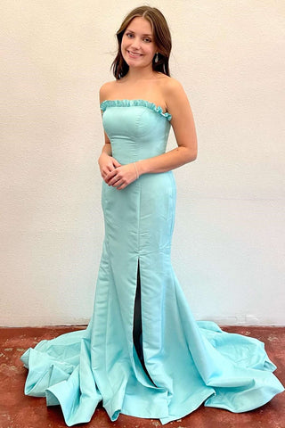 Denver | Vestido de fiesta largo con abertura y corte sirena, sin tirantes, color magenta con volantes