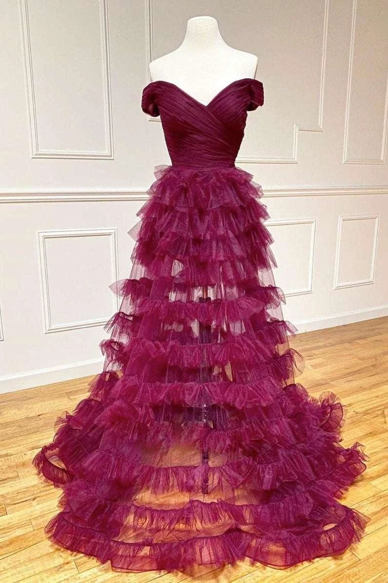 Fallon | Off the Shoulder Dark Berry Pleated Sheer Tiered Prom Dress by KissProm