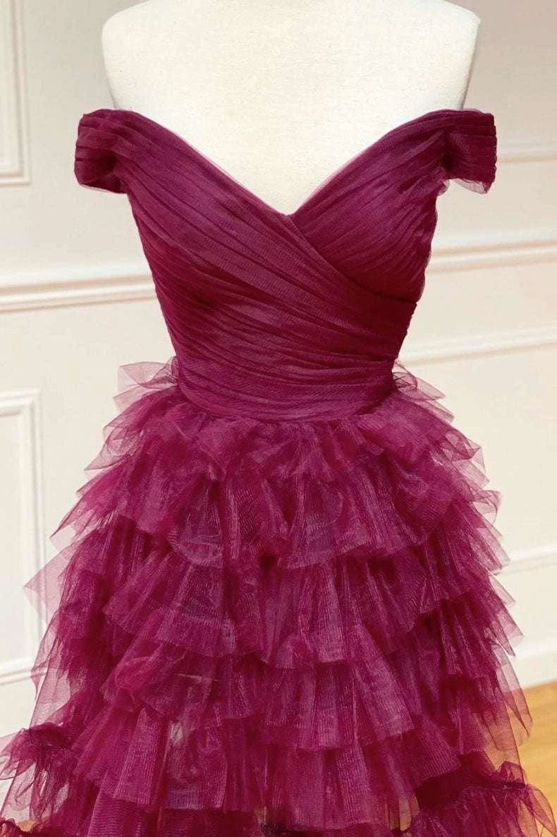 Fallon | Off the Shoulder Dark Berry Pleated Sheer Tiered Prom Dress by KissProm