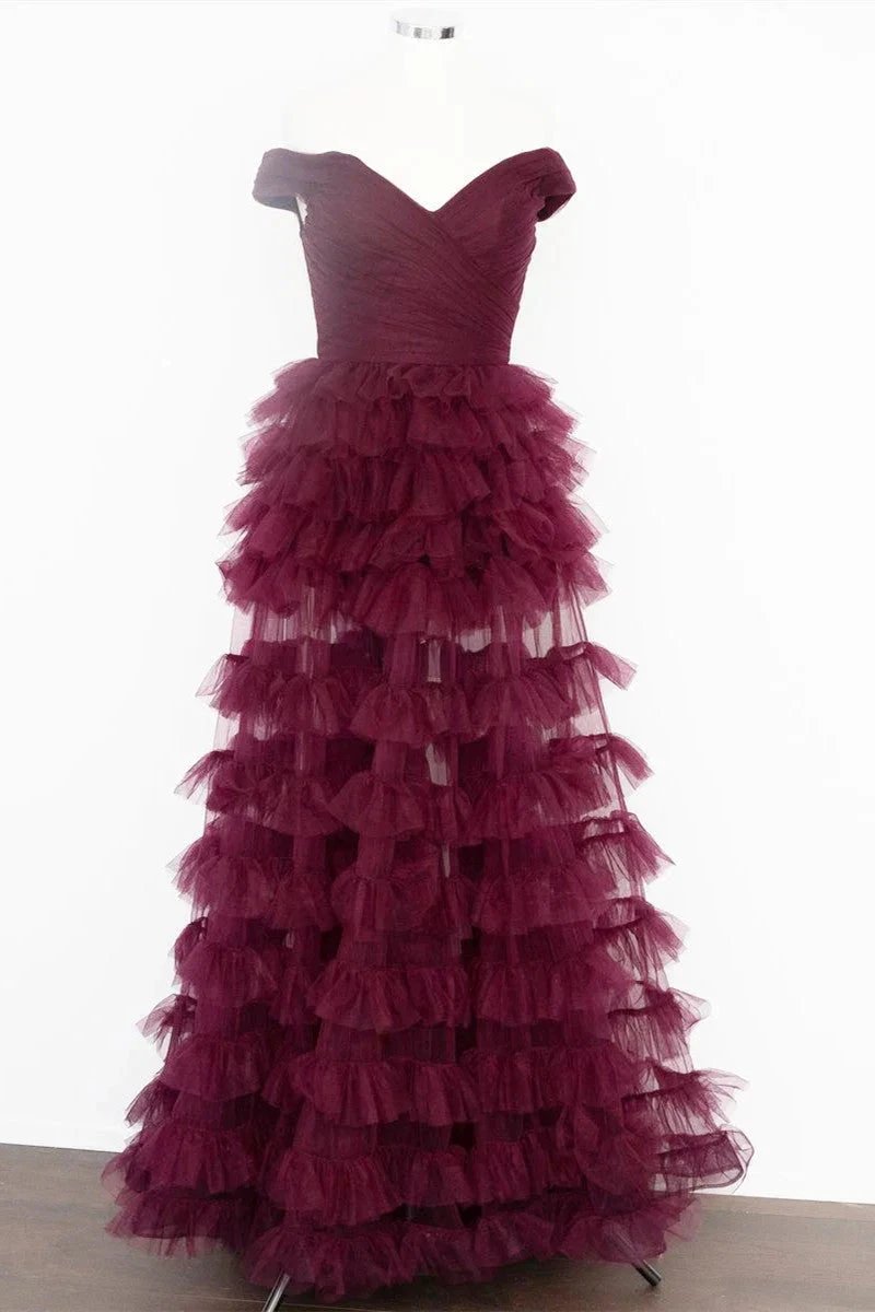 Fallon | Off the Shoulder Dark Berry Pleated Sheer Tiered Prom Dress by KissProm